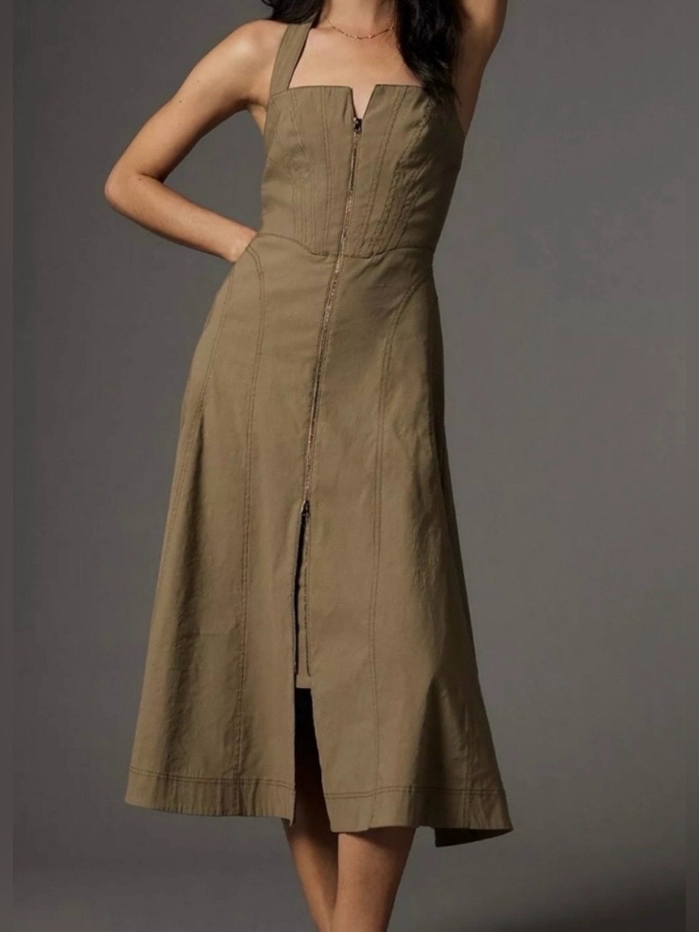 Anthropologie Olive Green Zip-Front halter dress. NWOT